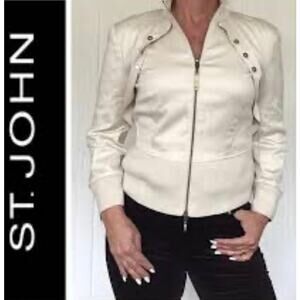 St. John Sport Full Zip Jacket Cotton Stretch Blend 2 Way Zipper Tan Size P